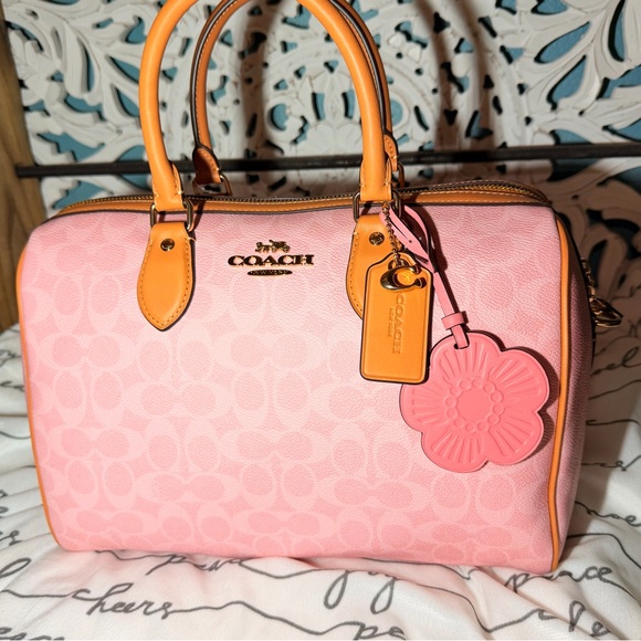 Coach Powder Pink & Tan ROWAN LRG satchel +Matching Corner Zip Wristlet Wallet - Picture 2 of 12